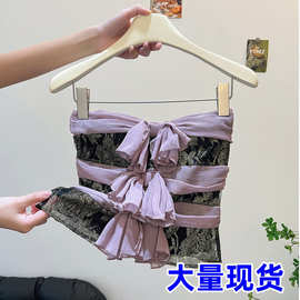 纯欲甜辣妹蝴蝶结抹胸小背心女内搭外穿设计感蕾丝拼接无袖上衣夏