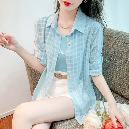 Women's Summer 2025 Loose Thin Breathable Casual Long-Sleeve Checkered Medium-Length Open Cardigan for Outerwear