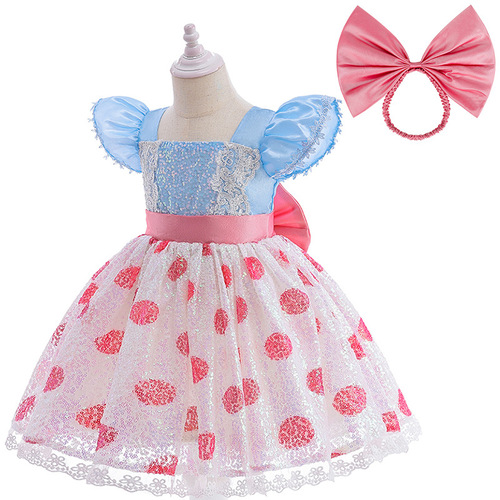 Foreign Trade Toy Story Shepherdess Dress for Girls, Fly Sleeve Princess Dress with Lace and Polka Dot Fabric