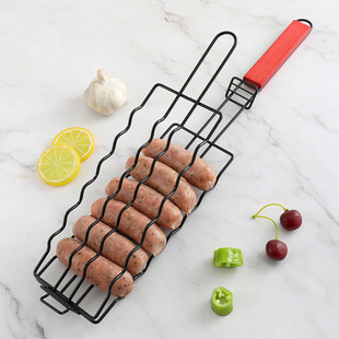 Outdoor camping carbon steel hot dog barbecue clip non-stick ham sausage grilled net grilled basket Hotdog bbq basket