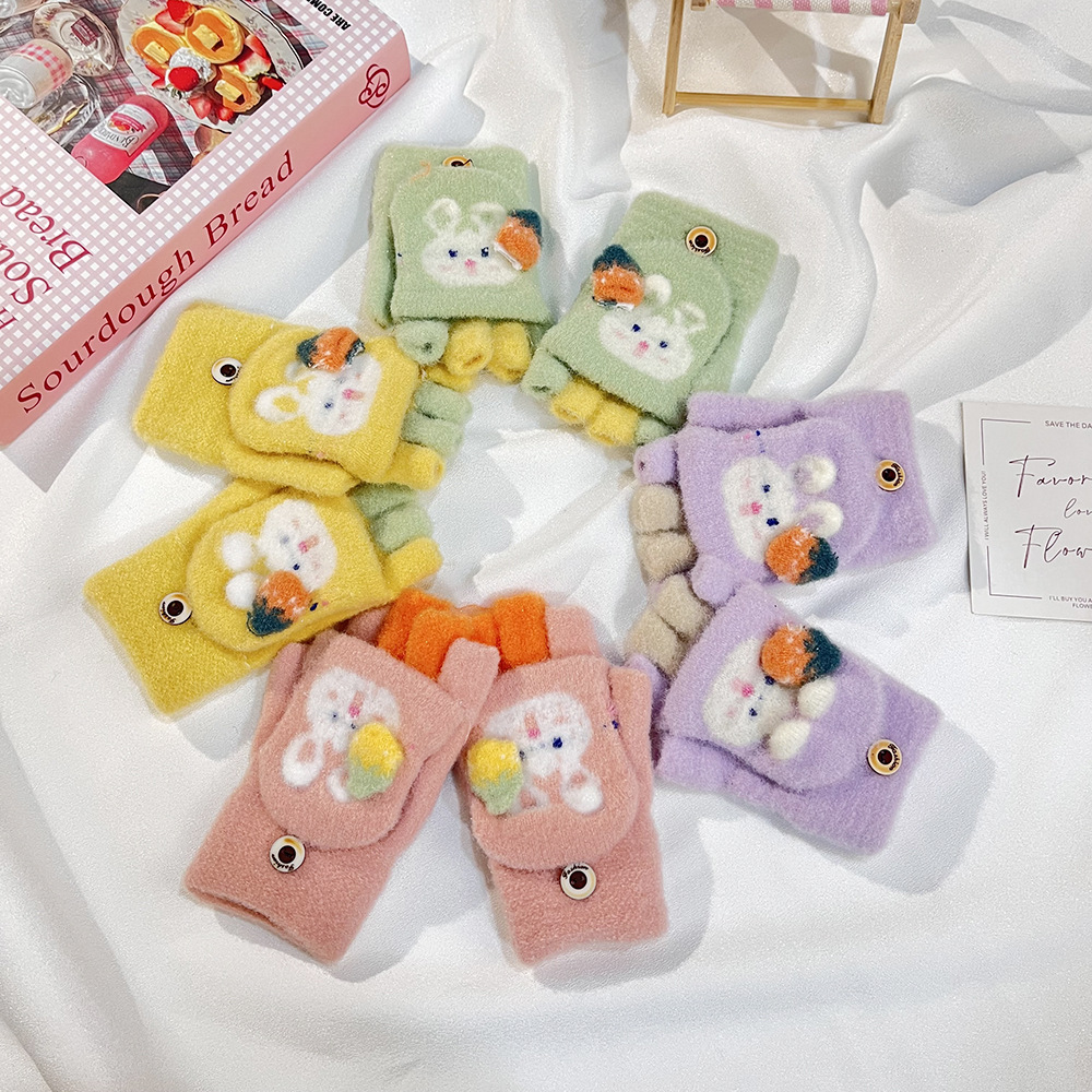 Niños guantes de conejo de orejas largas lindos y cálidos, cinco dedos, escritura de punto a prueba de frío y viento, guantes para niñas