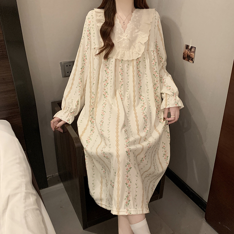 2025 pijama de otoño mujer delgado tejido pijama nubes de algodón de encaje dulce princesa vestido de vestir al por mayor