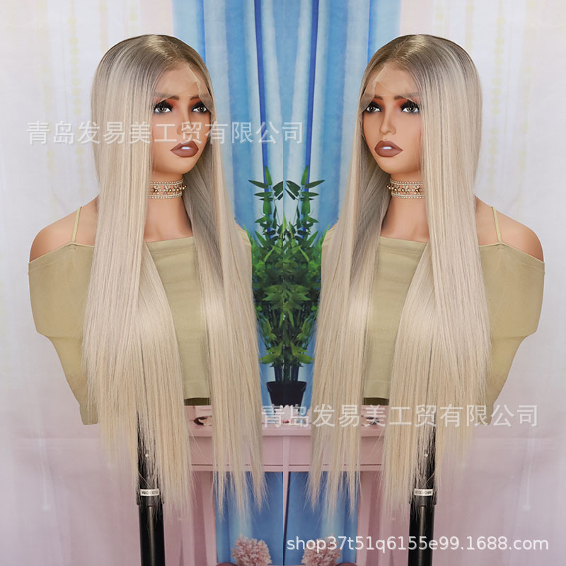 Silver-gray front lace wig for women, synthetic high-temperature fiber natural wig, long straight cosplay wig, pre-plucked hairline Silver-gray front lace wig for women, synthetic high-temperature fiber natural wig, long straight cosplay wig, pre-plucked hairline