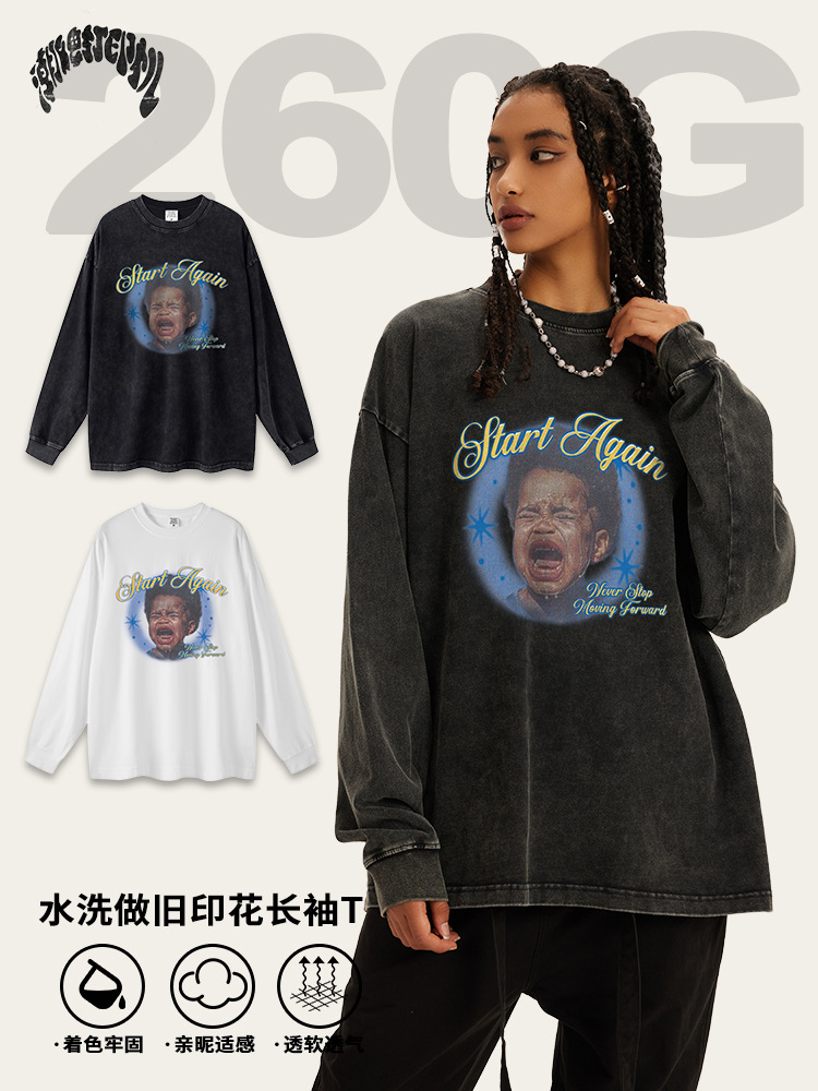 2025 otoño americano marca de moda Pink Floyd banda de rock algodón lavado retro camiseta de manga larga hombre al por mayor