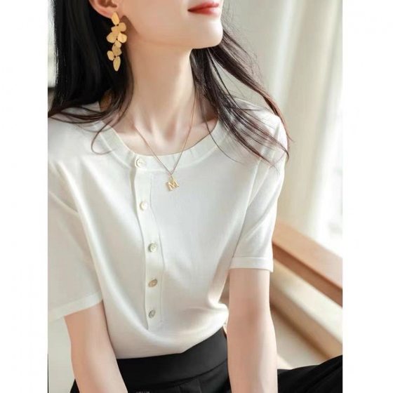 2025 summer new fashion color ~ close-fitting breathable gentle slim slant placket sweater short sleeve age-reducing T-shirt women