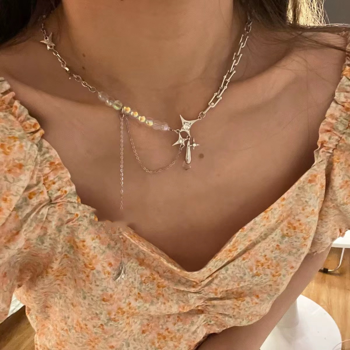 Fashion Cross Titanium Steel Necklace Inlay Glass Stainless Steel Necklaces