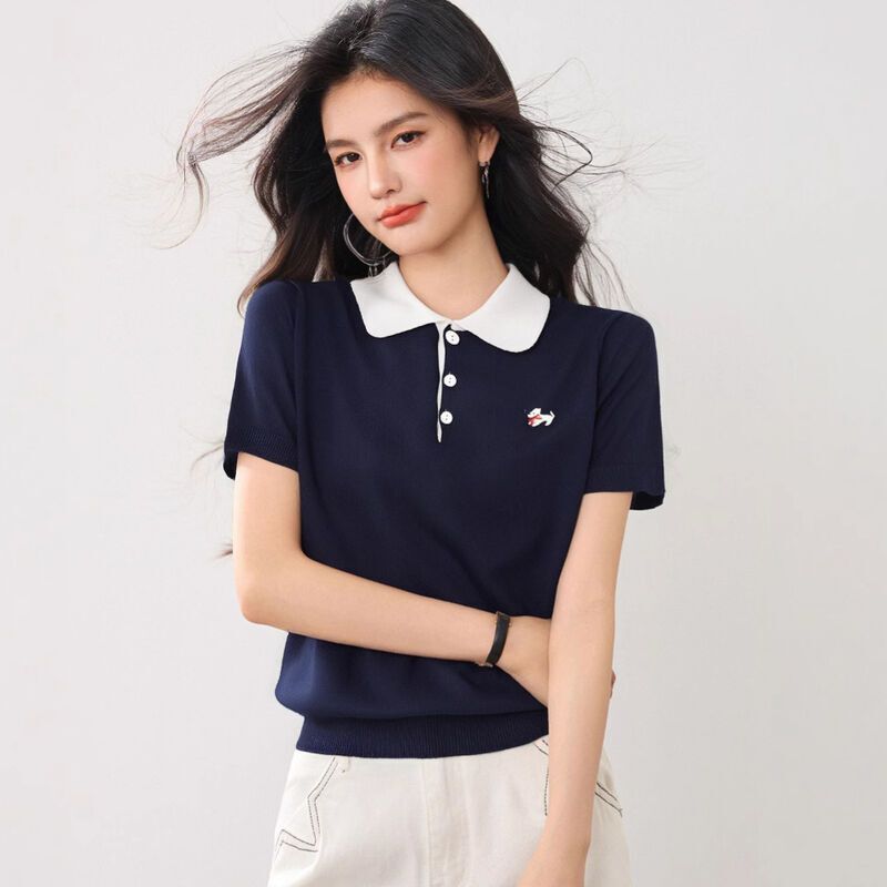 Unique Design Dog Embroidery Color-Blocked Lapel Short-Sleeve Knit Shirt 2026 Summer New Stylish Age-Reducing Top