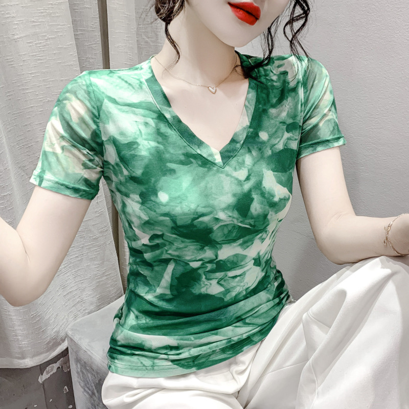 欧美女装2023夏季时尚网纱印花短袖V领T恤修身优雅法式洋气高级感