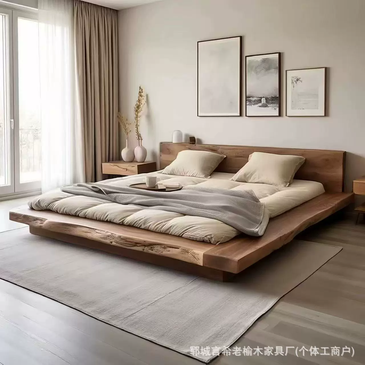 侘寂风家具全实木大床民宿酒店双人床原木自然边床创意纯实木大床