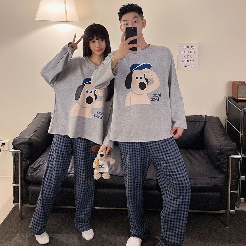 2025 New Couple Pajamas Women's Spring and Autumn Long Sleeve Teenagers Cute Cartoon Men's Home Clothes Plaid Suit