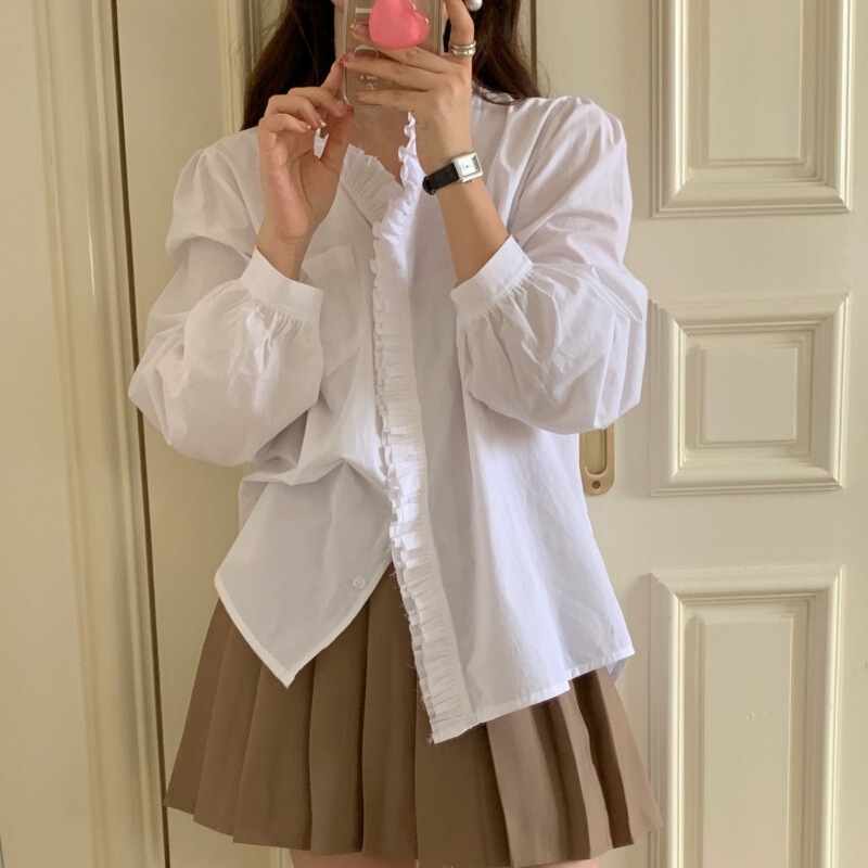 Early Spring Korean Chic Loose Casual Short Front and Back Long Design Sense Shirt Girl's V-neck Double Llace Collar Shirt