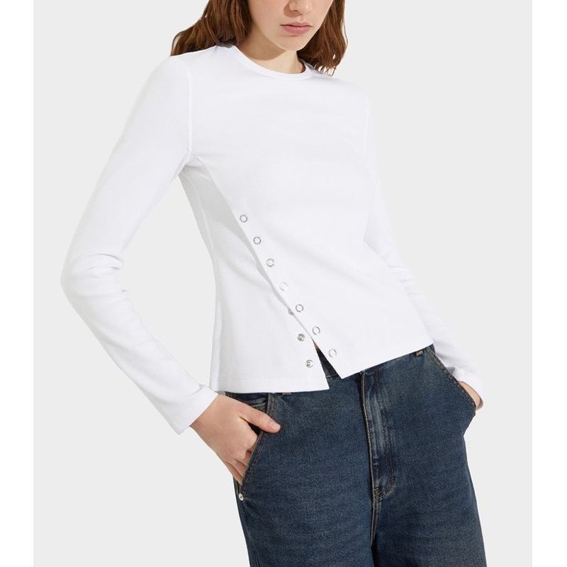 [Mc Order] 2026 Early Spring New Product: Solid Color Long Sleeve T-Shirt with Side Snap Button and Slit Design, Casual Base Shirt