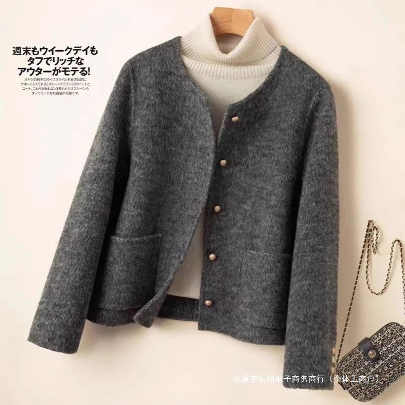 Wholesale Double-Sided Short Coat for Petite Sizes, Woolen Collarless Solid Color Fashion Casual Chanel-Style Jacket