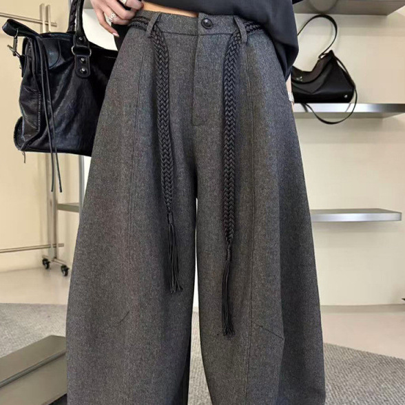 灰色毛呢西装阔腿裤女2025秋季新款高腰直筒拖地弯刀休闲裤女|undefined