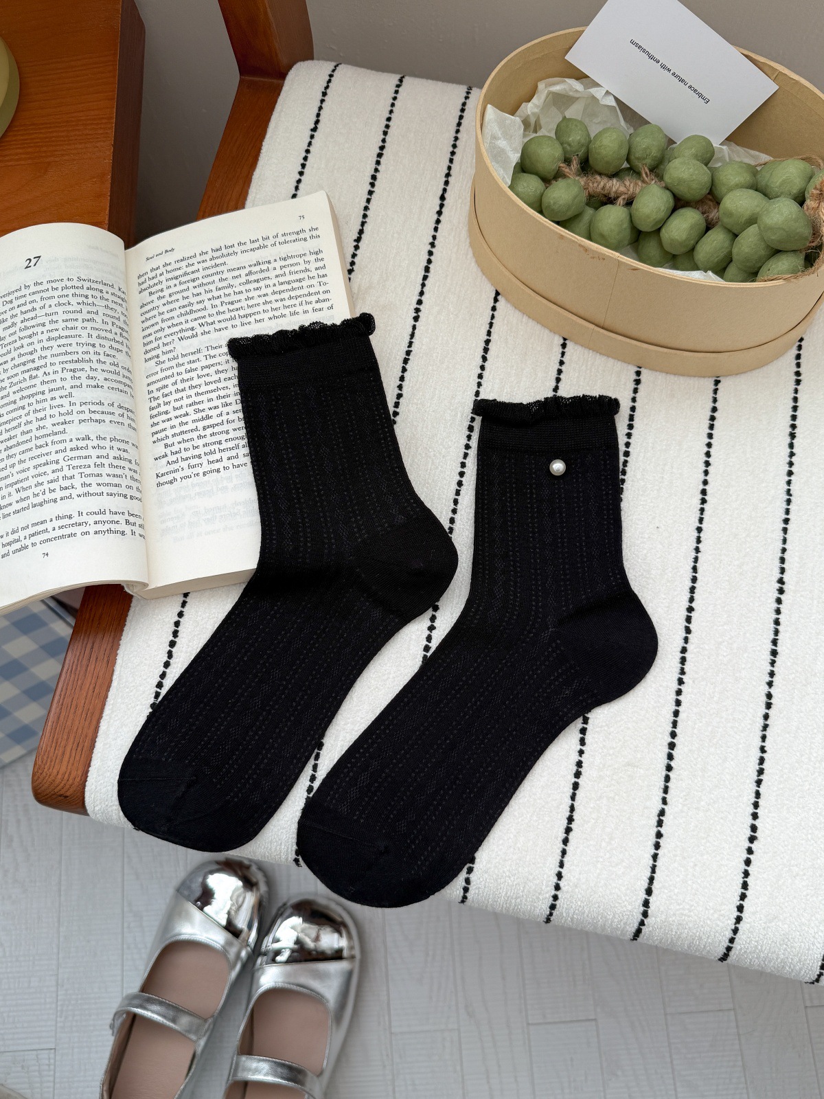 Vintage Coquette Pointelle Mesh Pearl Trim Ruffle Crew Socks Detail View 2