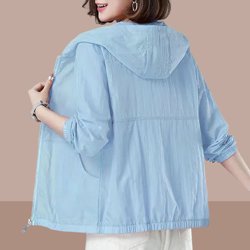大きいサイズの日焼け止めの服の女性の夏の2025新型の屋外の通気性の薄いタイプの帽子の組み合わせの日焼け止めの服のカーディガンのショートコート|undefined