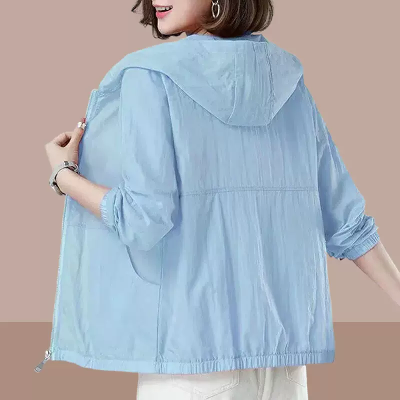 大码防晒衣女夏季2025新款户外透气薄款连帽百搭防晒服开衫短外套