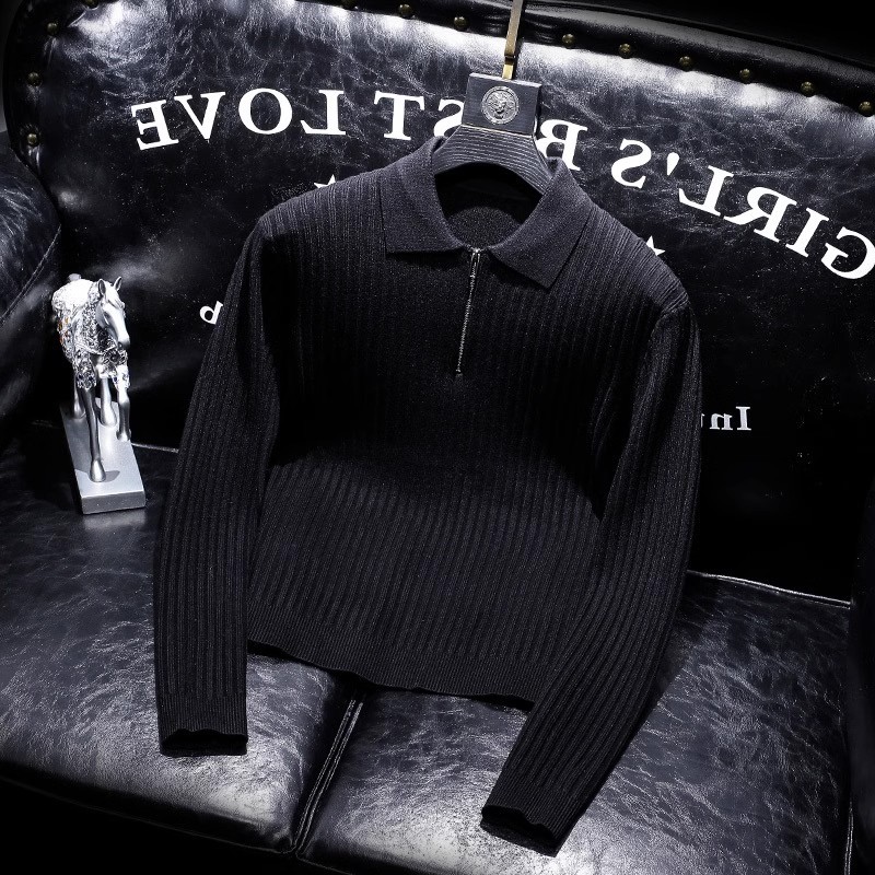 Hochwertiger Reverspullover mit Reißverschluss für Herren im Herbst und Winter im koreanischen Stil, trendiger gestreifter dicker warmer Pullover mit Polokragen für Herren_voghion.com