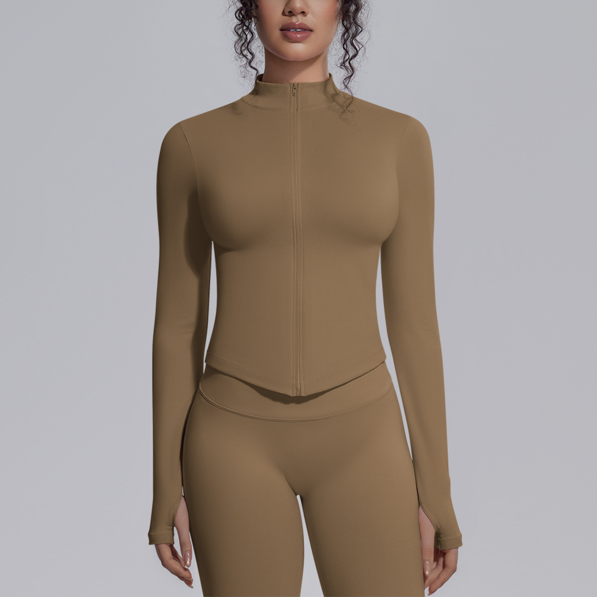 Cross-border sin costuras color sólido apertado elástico transpirable de cuello vertical chaqueta con cremallera deportiva running fitness chaqueta de yoga para mujeres
