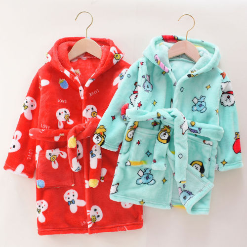 Children's bathrobe, pajamas, winter flannel, thickened and long pajamas, home clothes, children's hooded coral velvet home clothes