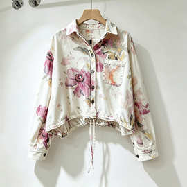 花卉花朵印花牛仔衬衣外套女2026欧美风宽松后背开叉抽绳短外套潮