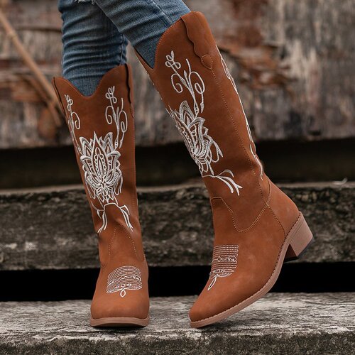 Fashionable over-the-knee boots with embroidery for women, suitable for autumn and winter, square heel, round toe