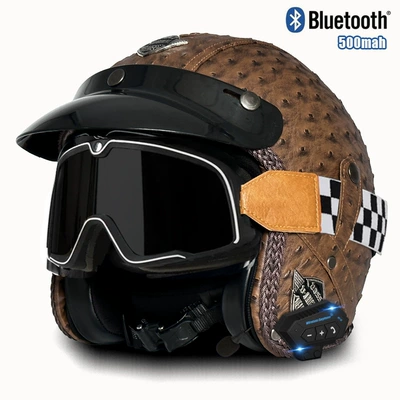 Motosiklet kaskı (dəbilqə) | cross-border electric motorcycle retro helmet - v-brown-pineapple-mig-large-frame-goggles-bluetooth-s