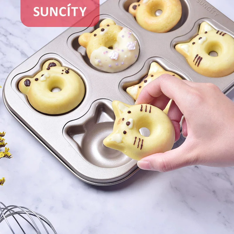 阳晨 Cartoon bear donut baking pan 6-connected cake oven carbon steel non-stick mold household baking tools
