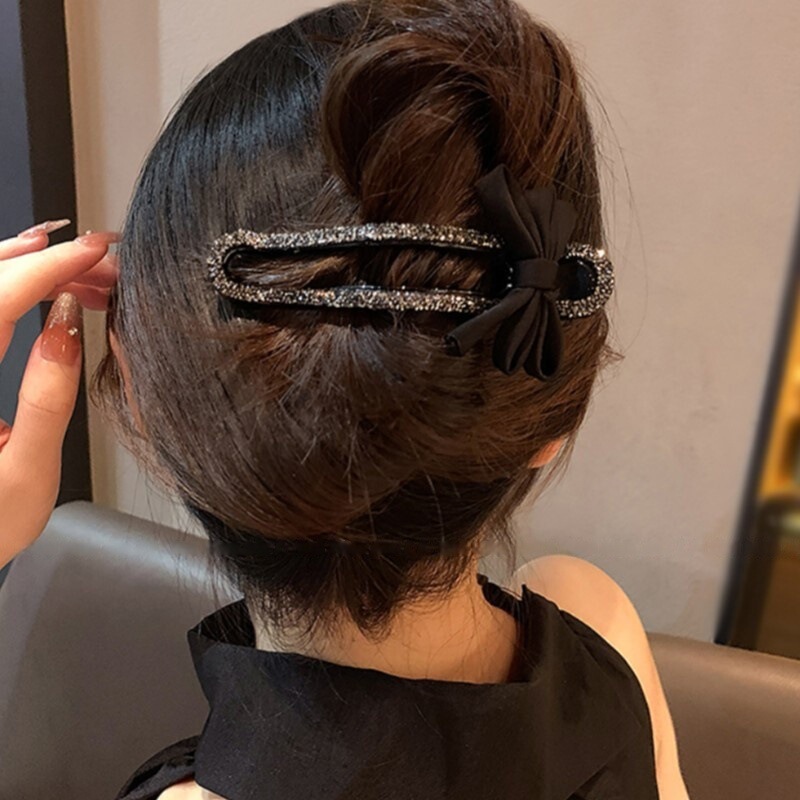 新款蝴蝶结镶钻一字夹轻奢发卡女ins后脑高级盘发神器鸭嘴夹发饰|undefined