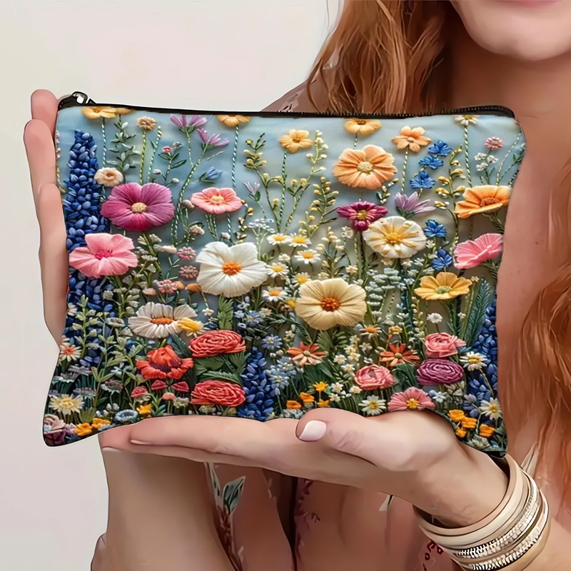 アマゾン越境販売 ポリエステル麻混紡 2Dデジタルプリント 刺繍風花柄キャンバス化粧ポーチ 花柄装飾|undefined