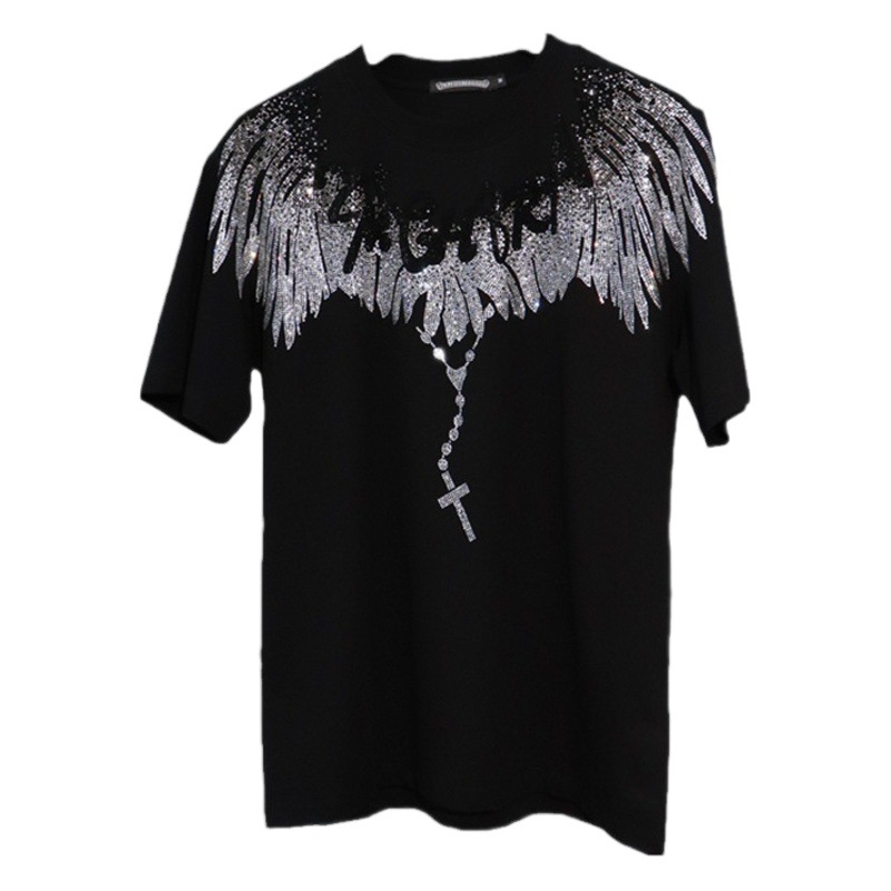 Camiseta de manga corta para hombre, talla grande, estilo europeo, marca de moda, con pedrería, diseño de alas de ángel en la parte delantera y trasera, corte holgado