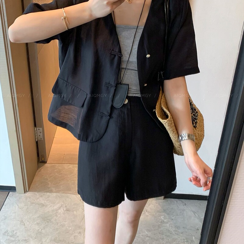Simple V-Neck Puff Sleeve Blazer and Elastic Waist Shorts Set, 2026 Summer New Trendy Two-Piece Outfit