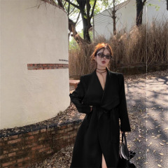 复古黑色大翻领风衣外套女秋季高级感收腰绑带中长款气质过膝大衣