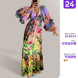 2026夏季亚马逊新款印花渐变色荷叶边V领性感显瘦长款连衣裙 礼服