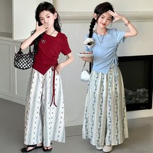 女童夏装洋气套装新款中大童韩系不规则抽褶T恤阔腿裤韩版两件套