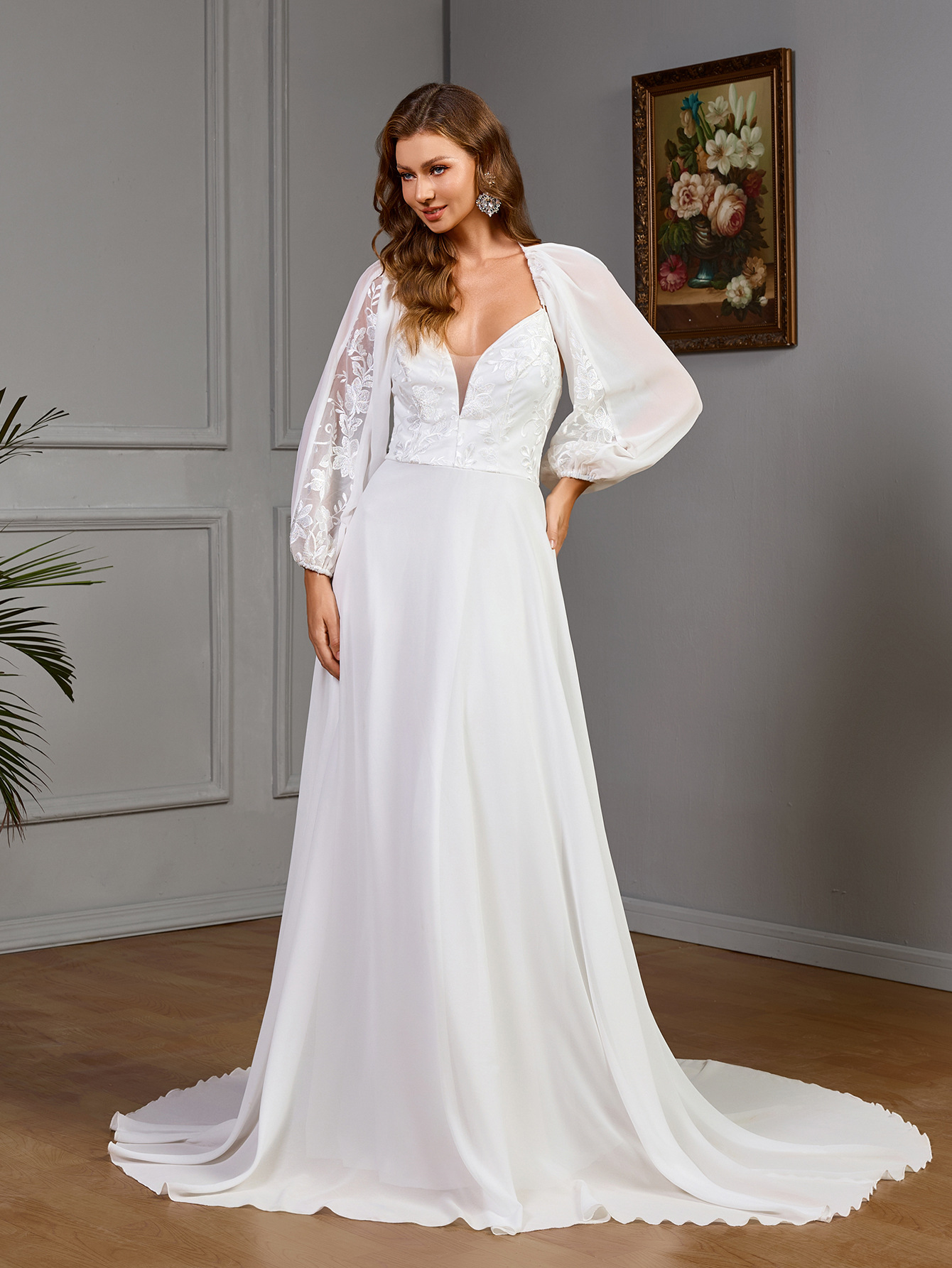 Europa y Estados Unidos comercio exterior transfronterizo ropa de mujer Amazon manga larga sexy vestido de boda de cuello en V encaje empalme cola image 5