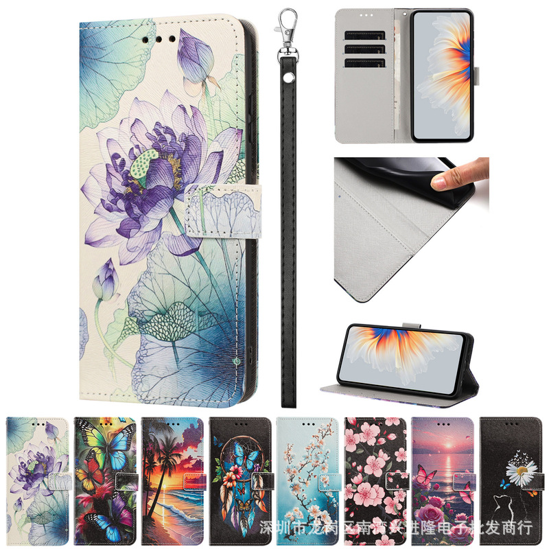 Suitable for Iphone17 Leather Case, Samsung S26 Cartoon Painted Flower Card Holder Protective Case, Redmi 15A Suitable for Iphone17 Leather Case, Samsung S26 Cartoon Painted Flower Card Holder Protective Case, Redmi 15A
