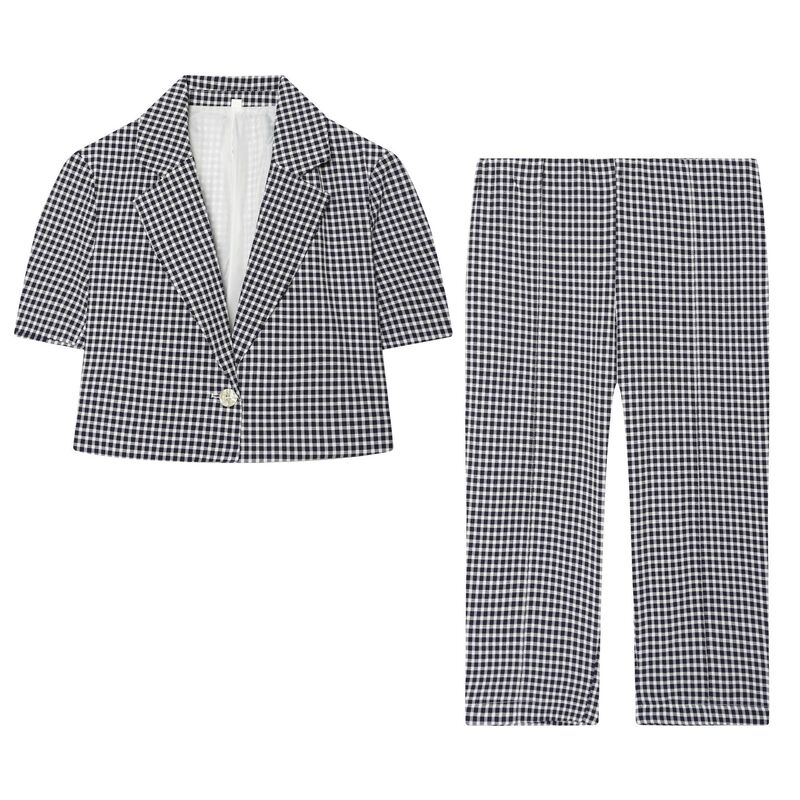 Short-Sleeved Small Checkered Short Blazer 8372324 Mid-Waist Plaid Capri Pants 9372224 Set