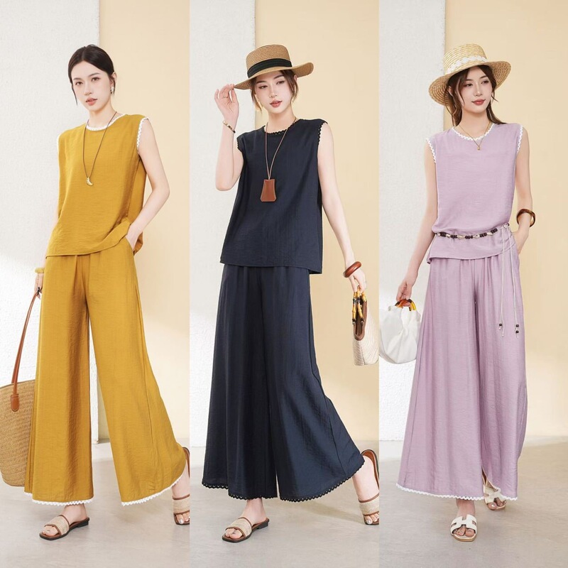 New Korean-Style Sleeveless Top Set for Women, Summer Vest, Elegant Casual Lace Fashion Wide-Leg Pants Two-Piece Set New Korean-Style Sleeveless Top Set for Women, Summer Vest, Elegant Casual Lace Fashion Wide-Leg Pants Two-Piece Set