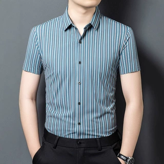 夏季新款男士印花短袖衬衫时尚休闲中青年翻领竖条纹男衬衣polo衫