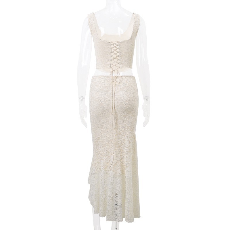 Elegantes Damen Set Mit Gerafftem Top Und Rock Im Spitzen Design_voghion.com