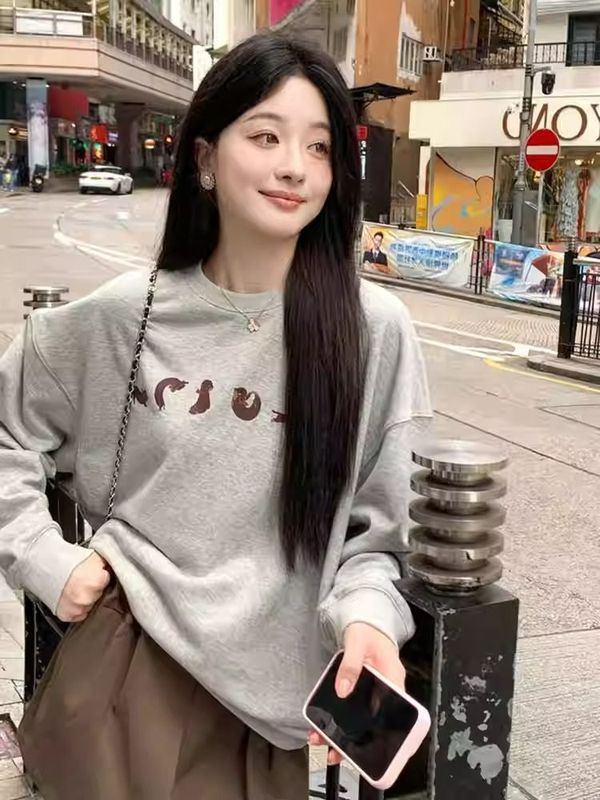 复古港味气质圆领长袖上衣女2025秋冬新款休闲百搭通勤潮牌卫衣|undefined