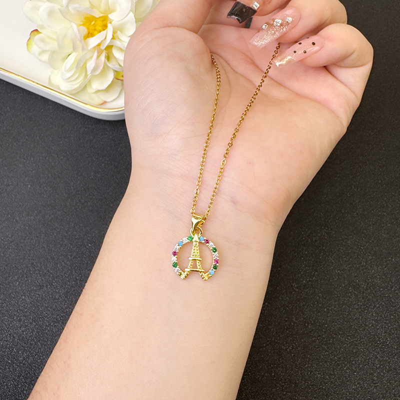 Collar de oro de arena vietnamita Pendientes de torre Eiffel con incrustaciones de circón de todo fósforo
