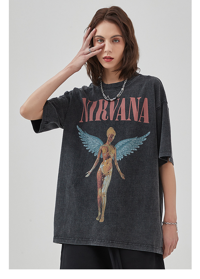 Erkek Yeni Yıkama Eski Rock Grubu Baskılı Kısa Kollu Sokak Modası Marka Yuvarlak Yaka Tişört_voghion.com