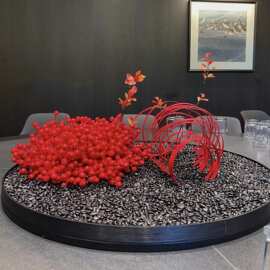 酒店餐桌中间摆花仿真花红色圆桌转盘景观装饰摆件现代轻奢桌花