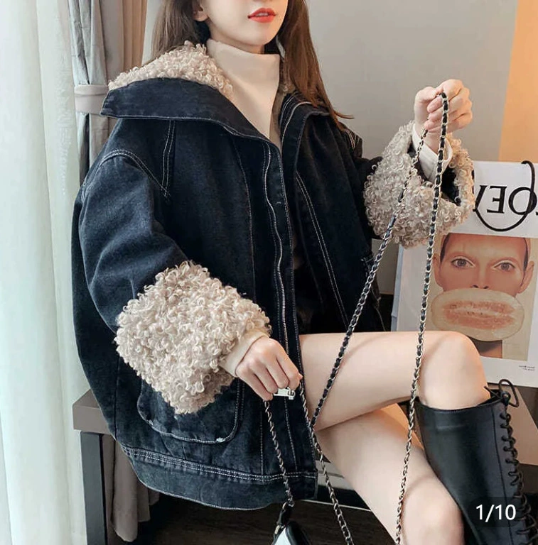 Джинсовая куртка, oversize корейского стиля, с плюшевой подкладкой, тёплая