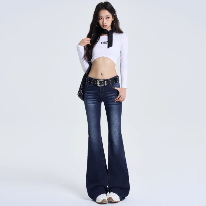 Petite Nostalgic Blue Flared Jeans for Women American Retro Hot Girl Low Stretch Slim Fit Low Waist Flare Pants