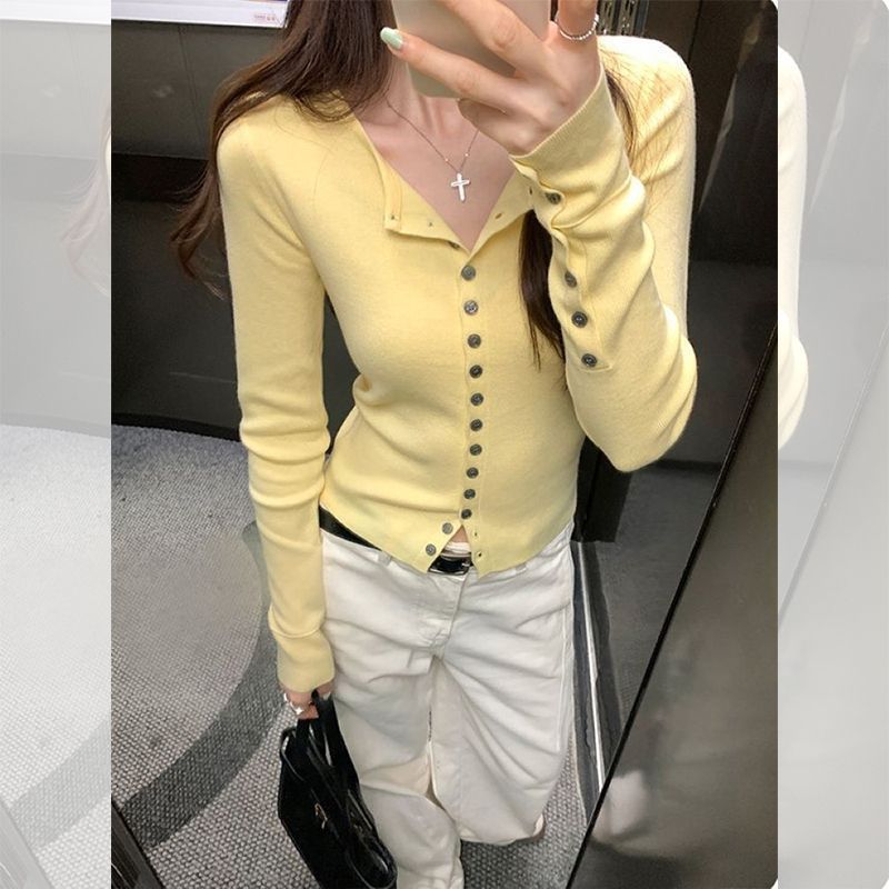 韩系简约单排扣长袖针织开衫女2025早秋新款修身显瘦薄款外搭上衣|undefined
