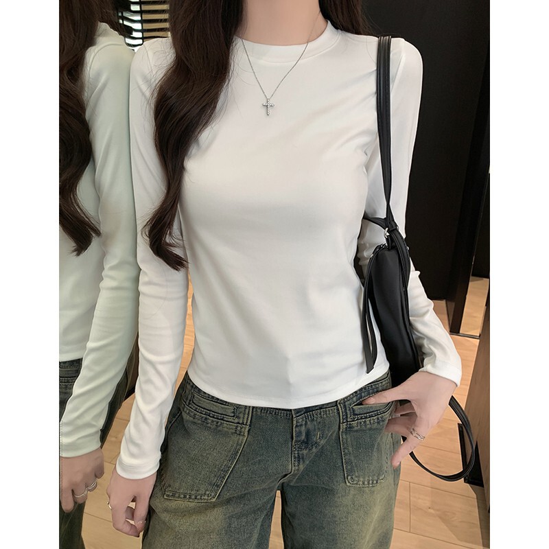 纯色德绒长袖T恤女秋冬季修身显瘦短款内搭打底衫加绒保暖上衣服|undefined
