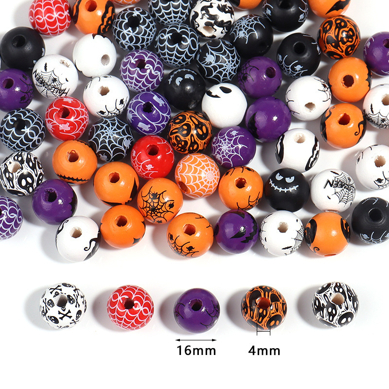 Halloween printing wood round beads foreign trade pumpkin spider web skull loose beads DIY accessories beaded wholesale